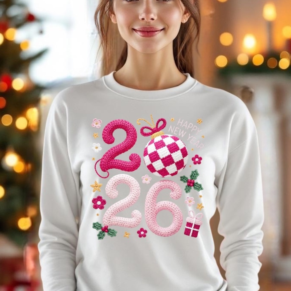 Cozy Crochet" Happy New Year 2026 T-shirt Custom S M L XL XXL White, pink colors